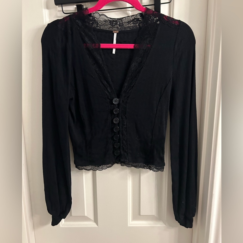 Free People Black Lace-Trim Button Front Top